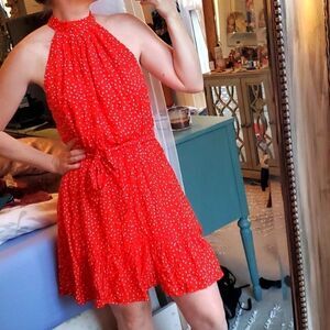 Red Polka Dot Tie Neck Dress